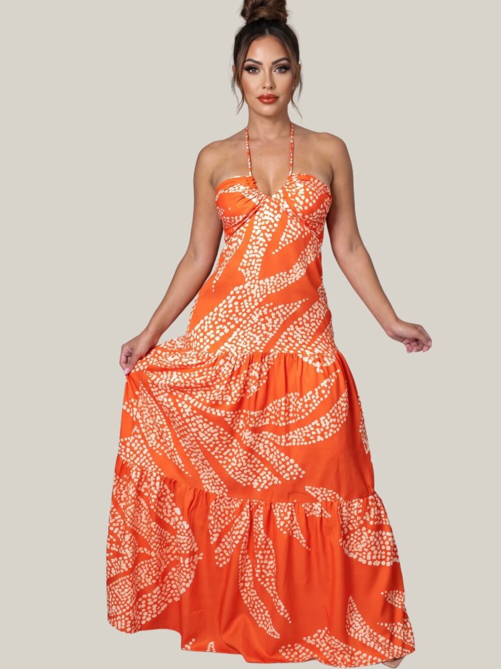 NWT Orange & Cream Tropical Print Halter Maxi Dress